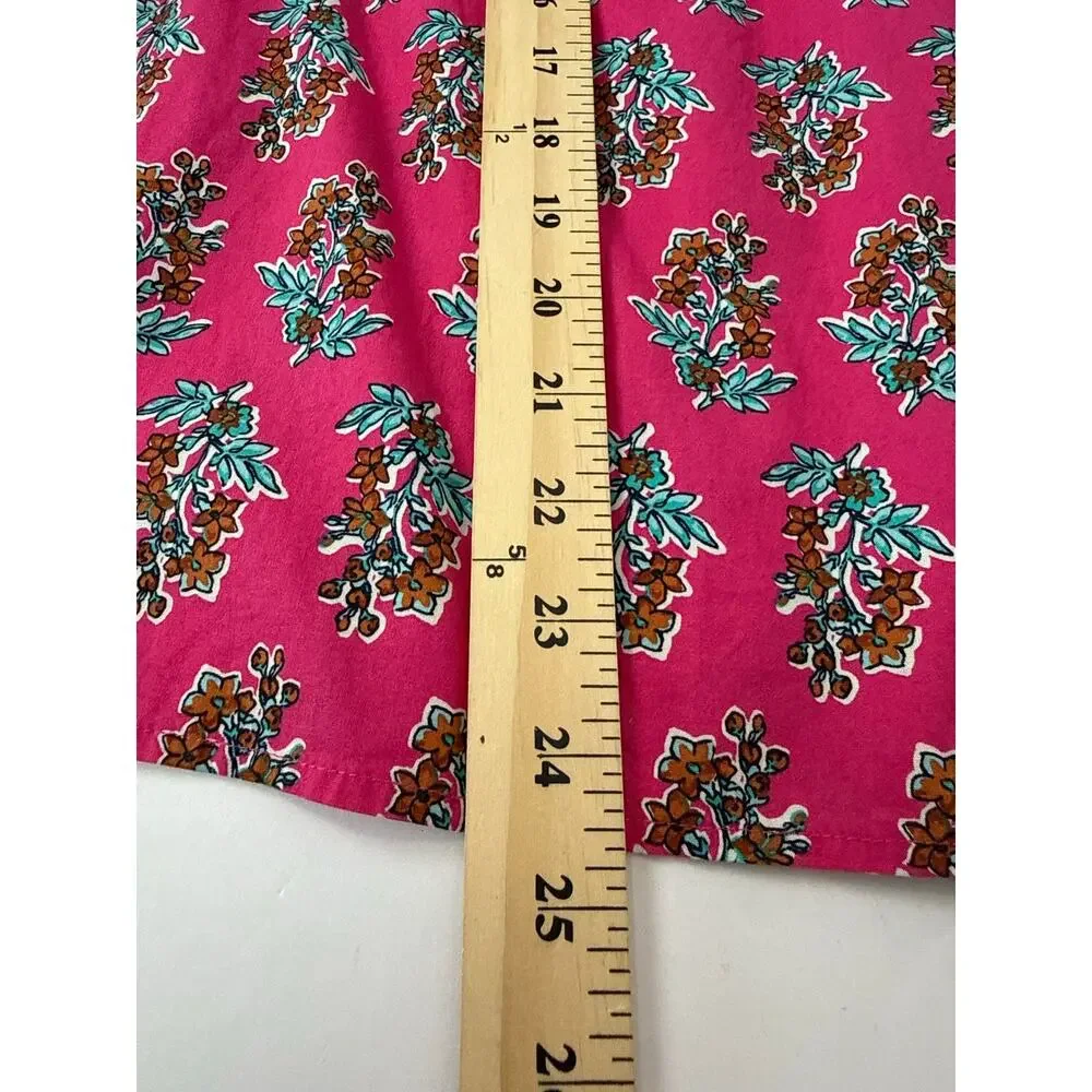 J.Crew Pink Floral Block Print Puff Sleeve Top Sz M Split V Neck Cotton